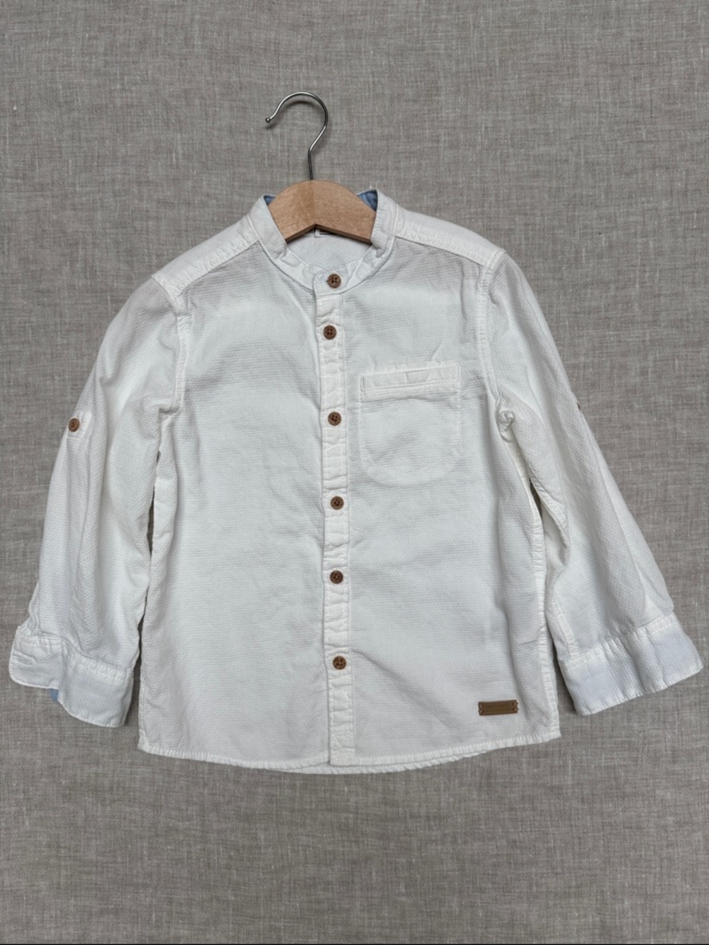 H&M 4T White 100% Cotton Boys Mandarin Collar Button-Up Shirt Long Sleeved